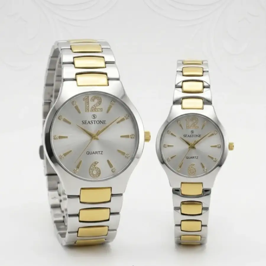 Luxury Couple Watch Set – Silver Sunray Dial with Crystal '12' & '6' Markers, Two-Tone Gold & Silver Stainless Steel Strap