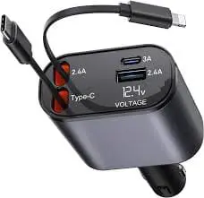 120W Car Charger with Type-C & iPhone Cable Fast Charging Dual Cable Car Adapter for Mobile Devices
