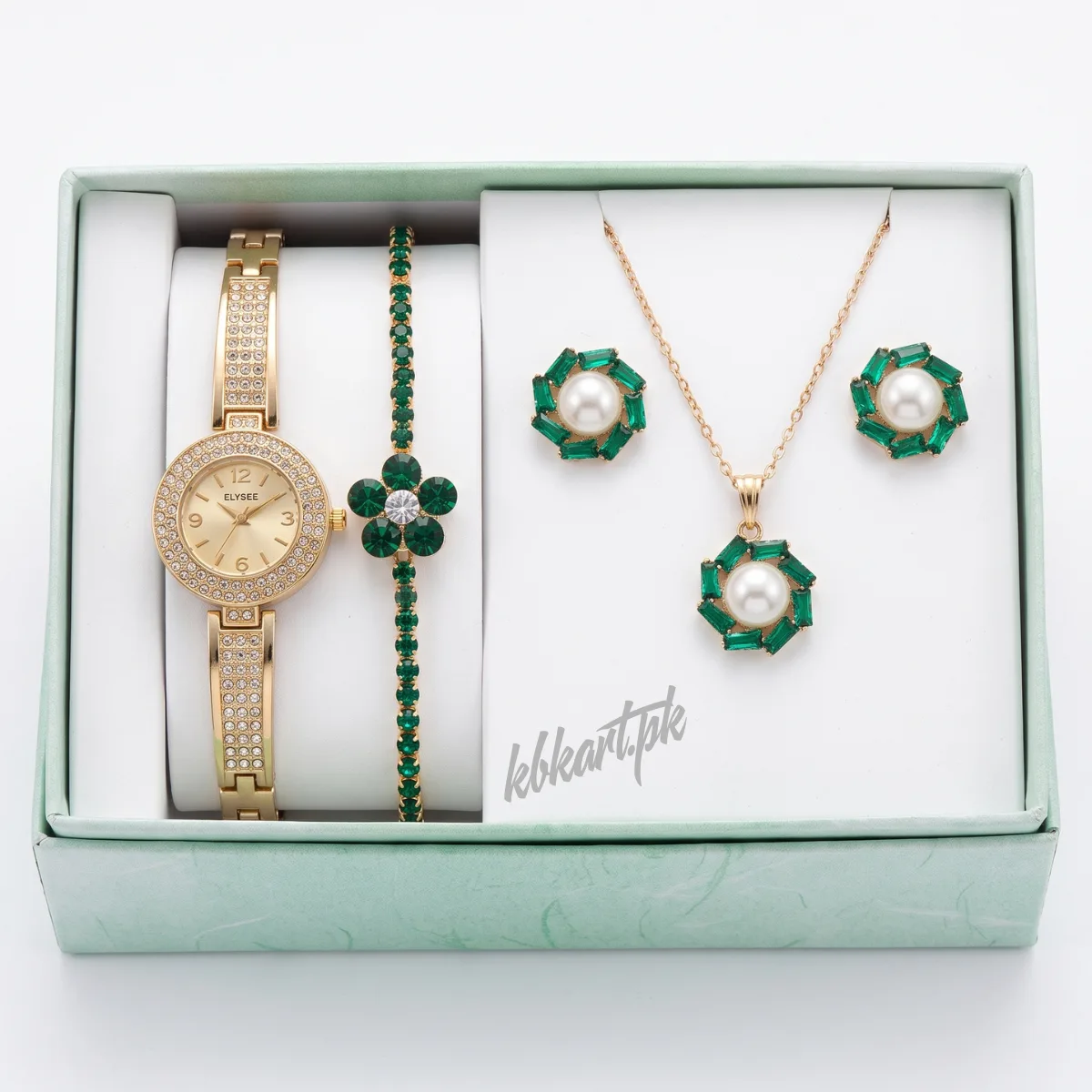 ELYSEE Gold-Tone Watch & Green Pearl Jewelry Gift Set