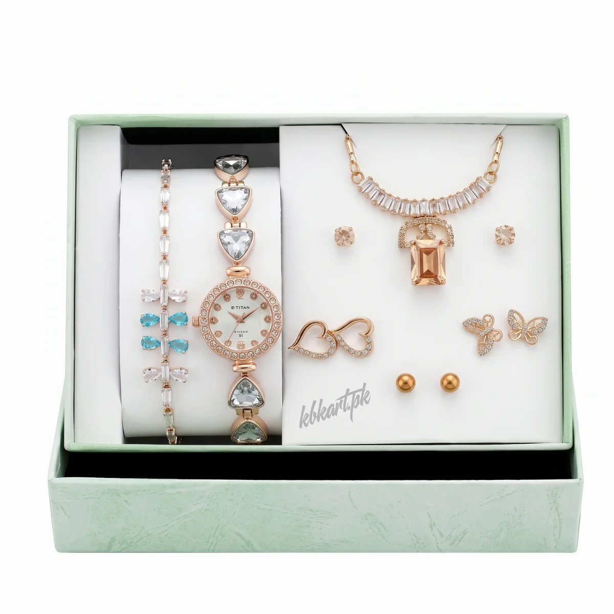 TITAN Rose Gold Watch & Champagne Square Crystal Jewelry Set