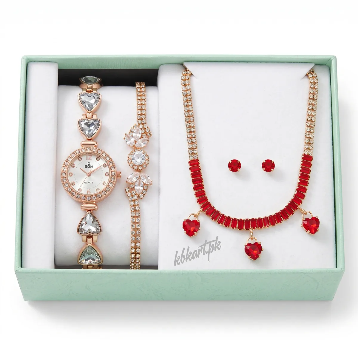 BOM Rose Gold Watch & Ruby Red Heart Jewelry Gift Set