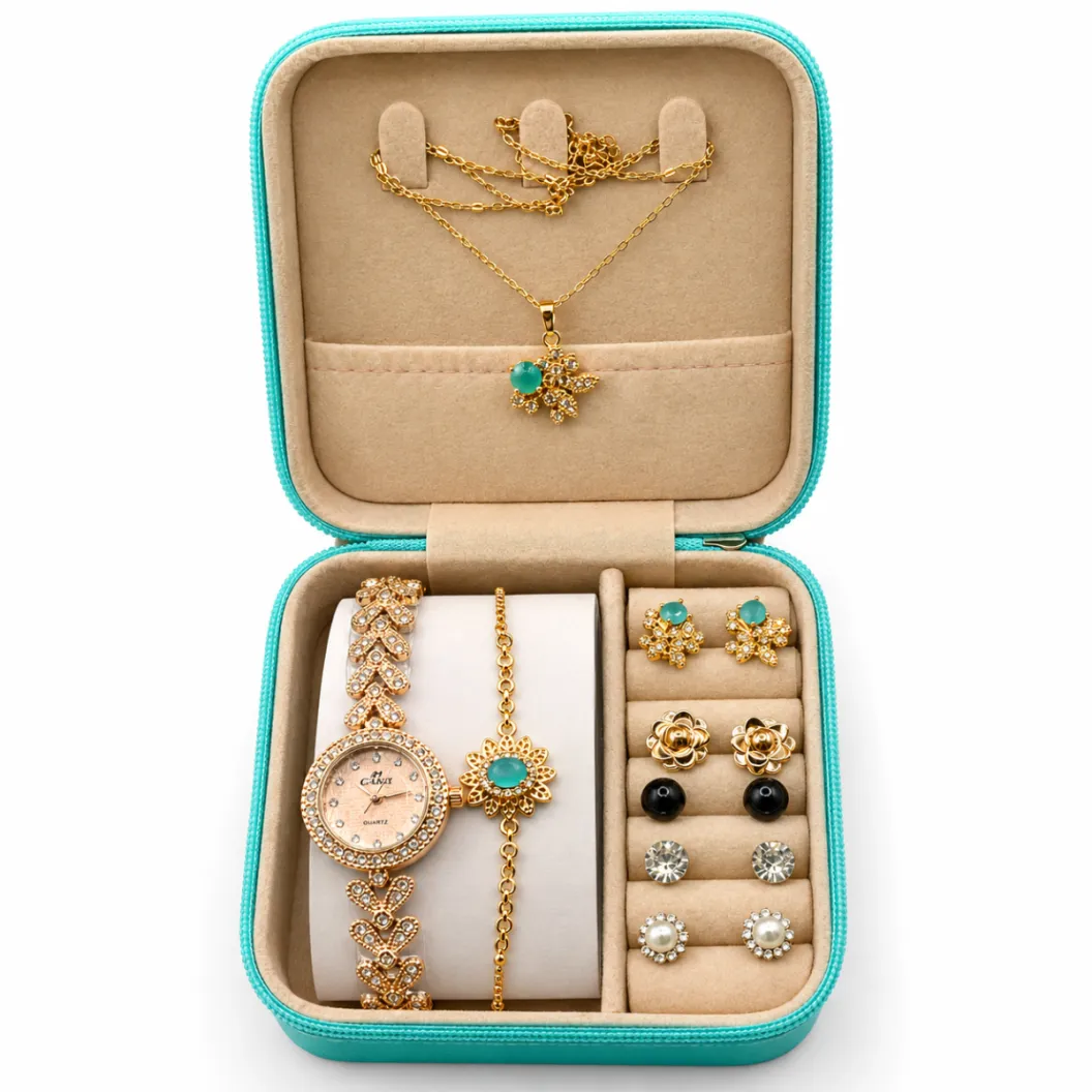 Women's Gold-Tone Watch & Aqua Stone Jewelry Gift Set with Teal Organizer Case