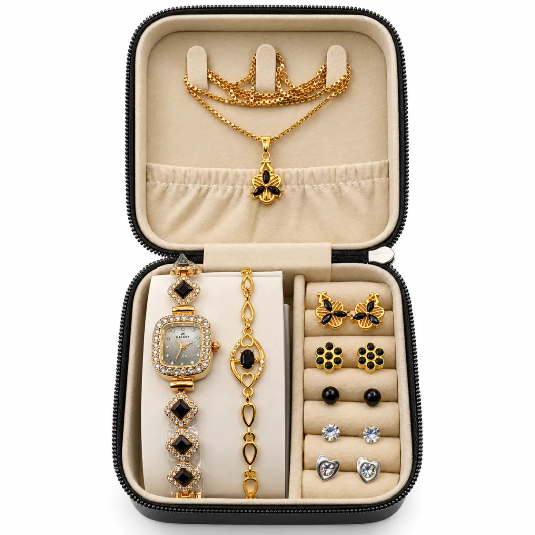 Women's Black Stone Watch & Gold-Tone Jewelry Gift Set with Organizer Case
