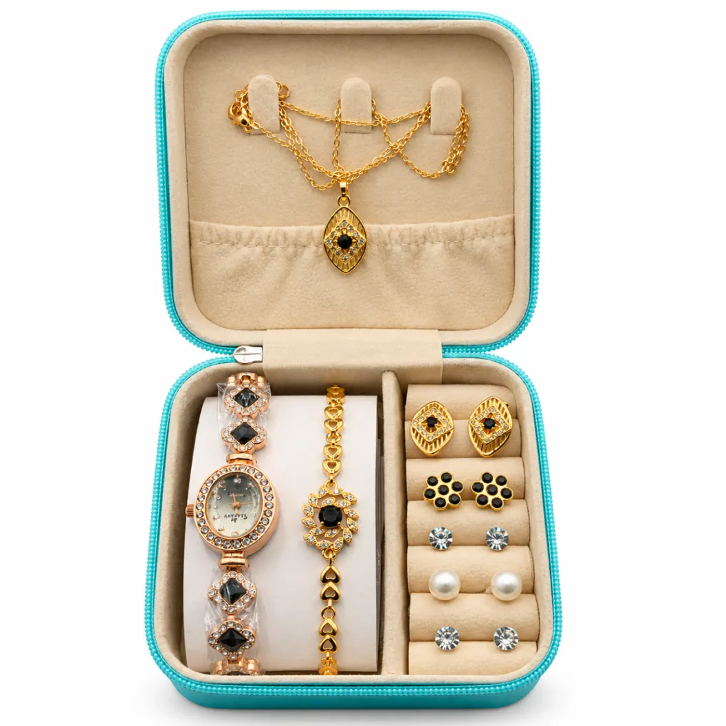 Women's Black Stone Watch & Gold-Tone Jewelry Gift Set with Teal Organizer Case