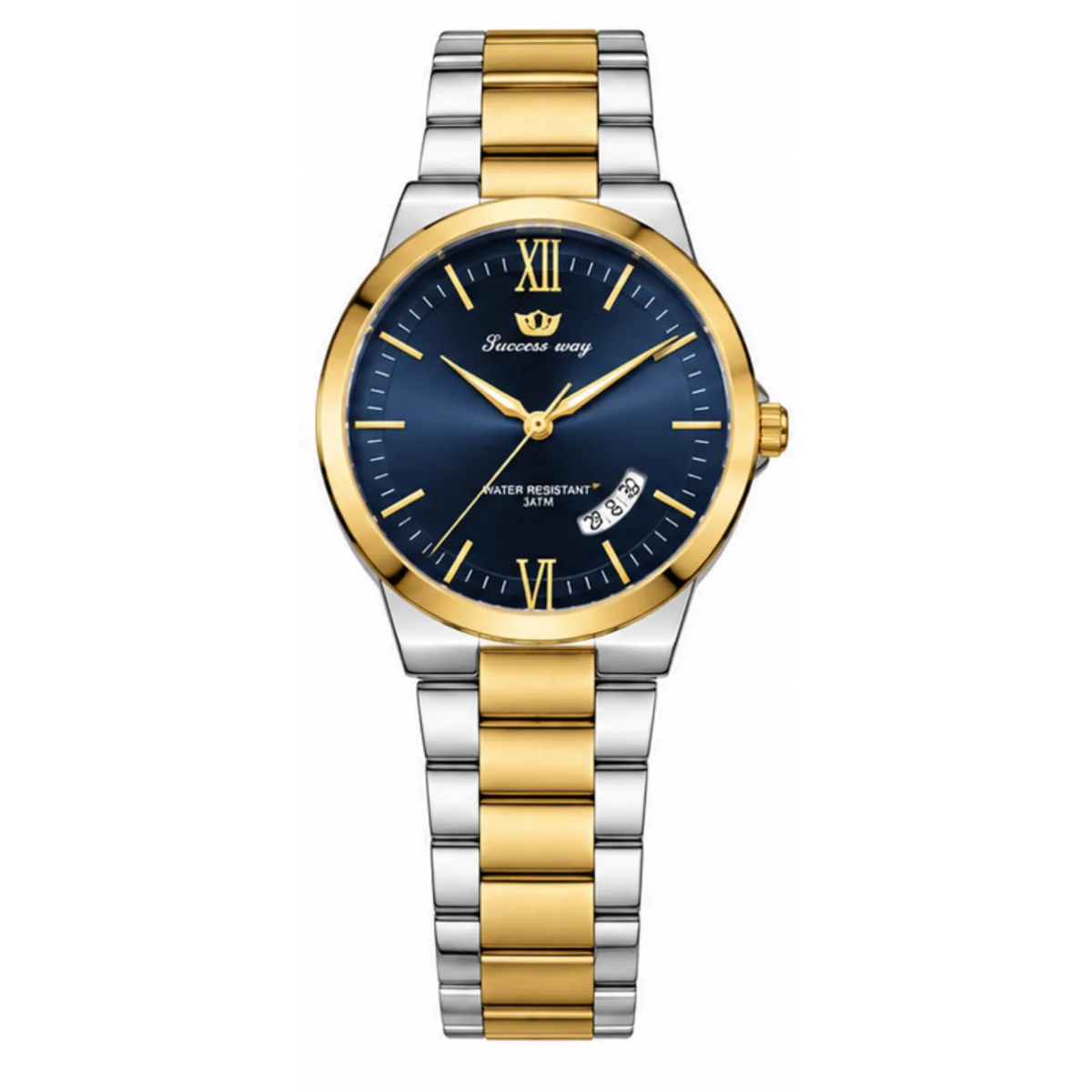 Luxury Men's Analog Wrist Watch – Gold & Silver Stainless Steel Strap, Water Resistant