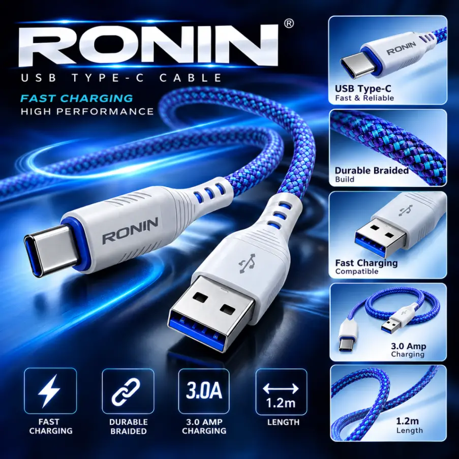 RONIN USB Type-C Cable – 1.2m Durable Braided Fast Charging Cable, 3.0A